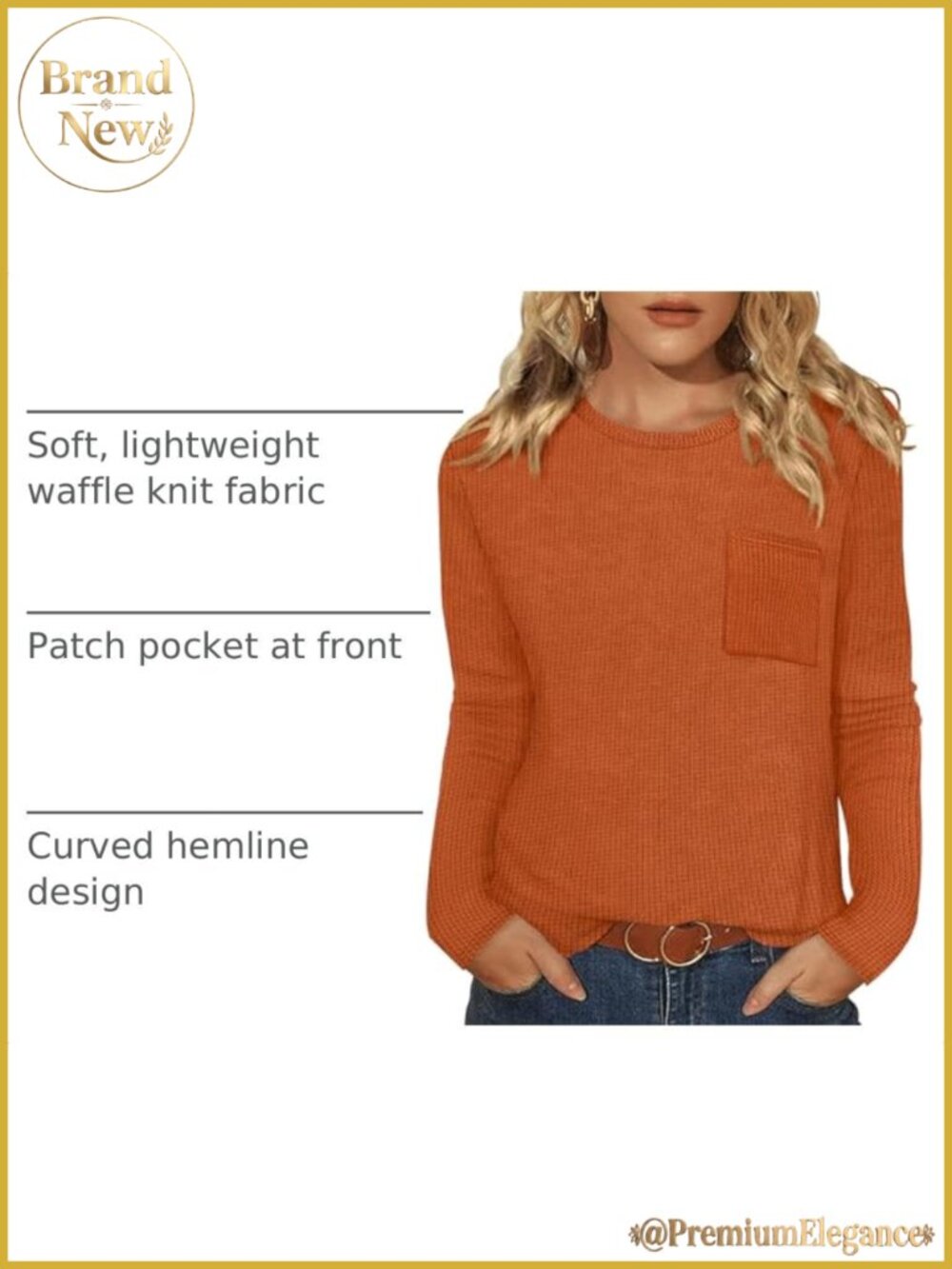 Waffle Knit Long Sleeve Blouse with Pocket Curved Hem Casual - Picture 3 of 6